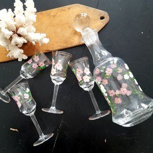 Handpainted Pink Flower Wine Glasses with Decanter
